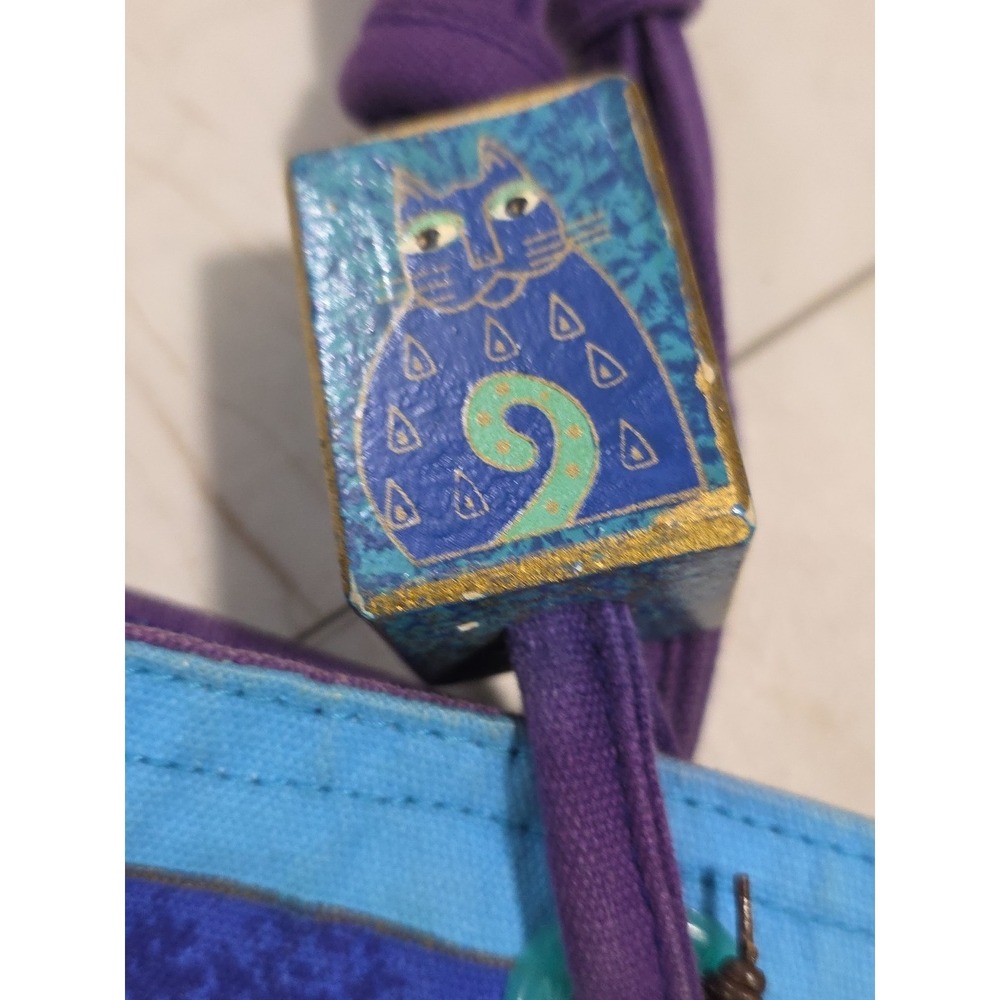 Laurel Burch Blue Indigo Cats Painted Canvas Bag  Double Handle Purse Tote - Picture 3 of 7